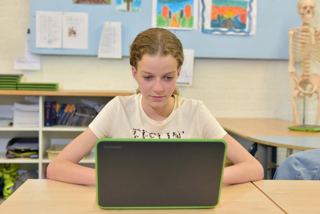 student using laptop school