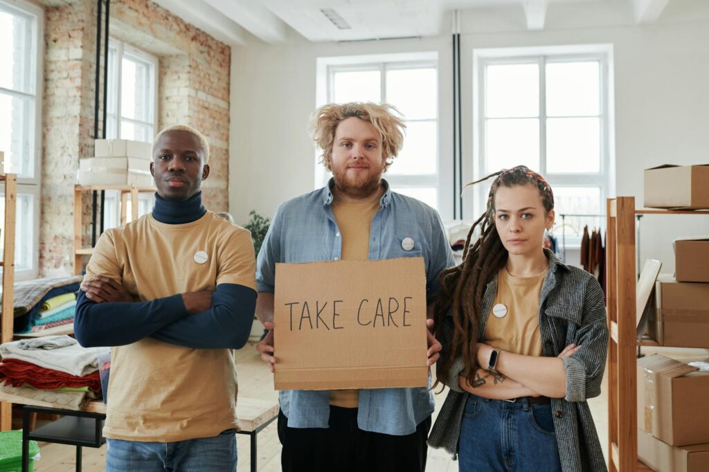 diverse people wearing sustainable clothing