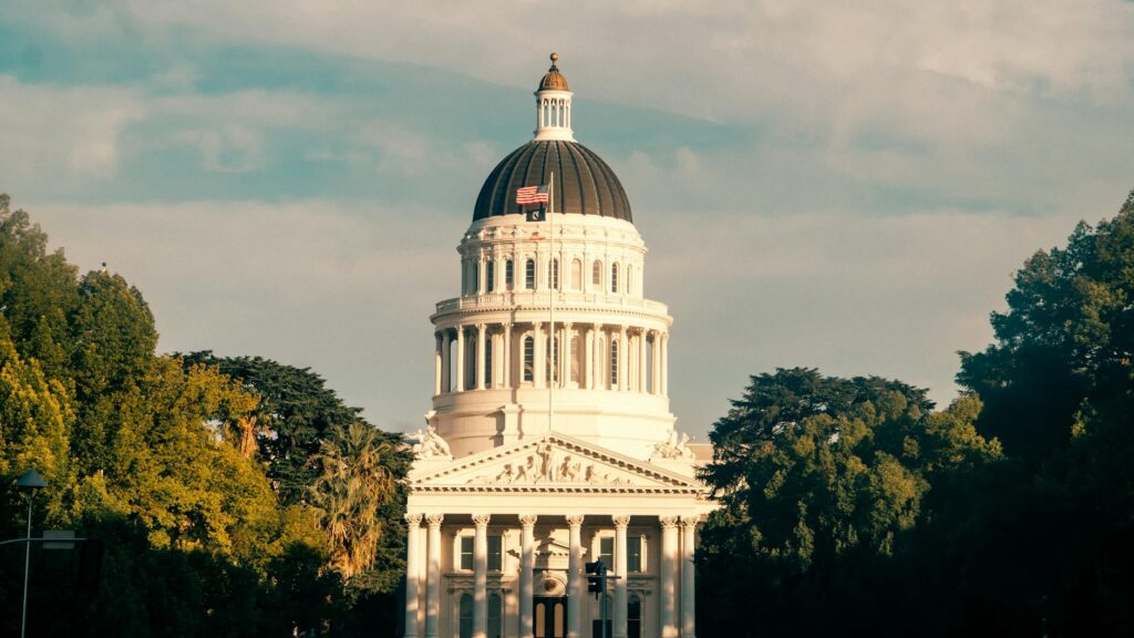 government building with digital overlay